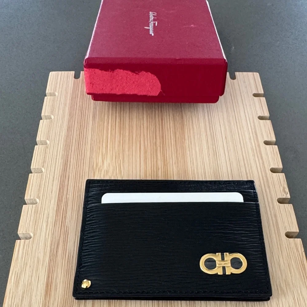 Salvatore Ferragamo NWOT Black Leather Card Case Wallet with box.